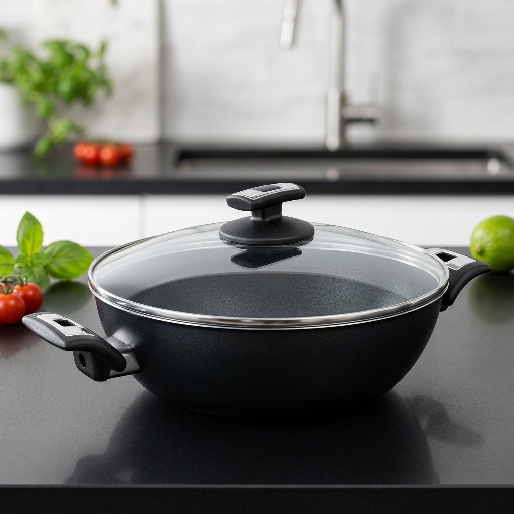 KOLIMAX COMFORT BLACK Pánev 26 cm s úchyty, se skleněnou poklicí, vysoká