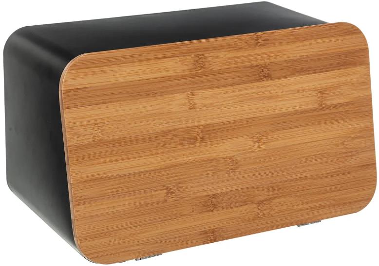 5five Simply Smart Kovový chlebník s bambusovou deskou, černý, 37 × 22,5 × 23,5 cm