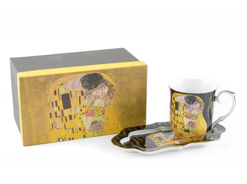 Home Elements Porcelánový hrnek 360 ml s podtáckem, Klimt polibek tmavý