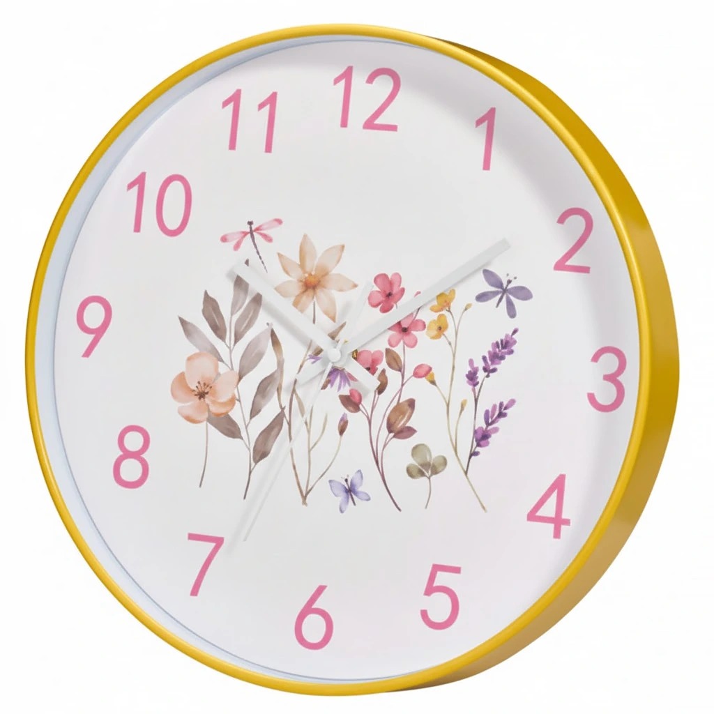 Home Styling Collection Nástěnné hodiny žluté s motivem květin, průměr 30 cm