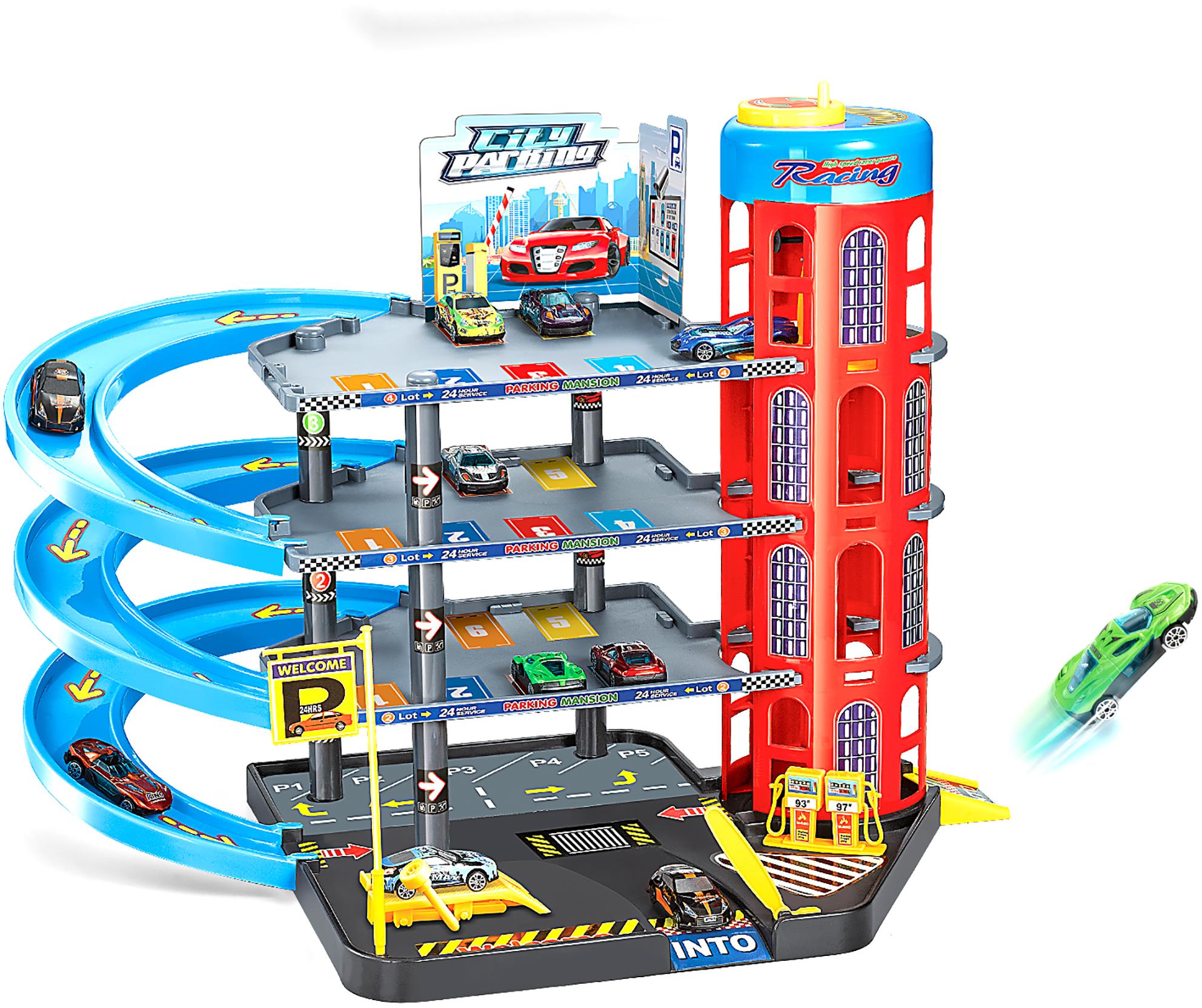 Wiky Vehicles Parkovací stanice se 6 kovovými auty 55 × 40 × 44 cm