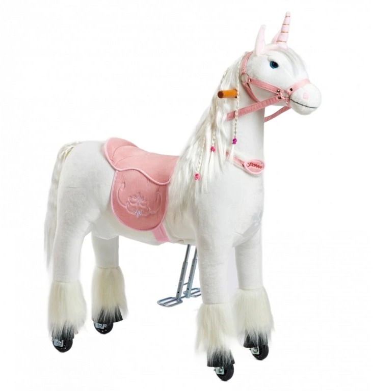 Ponnie Mechanický jezdicí plyšový jednorožec Merlin M s růžovým sedlem