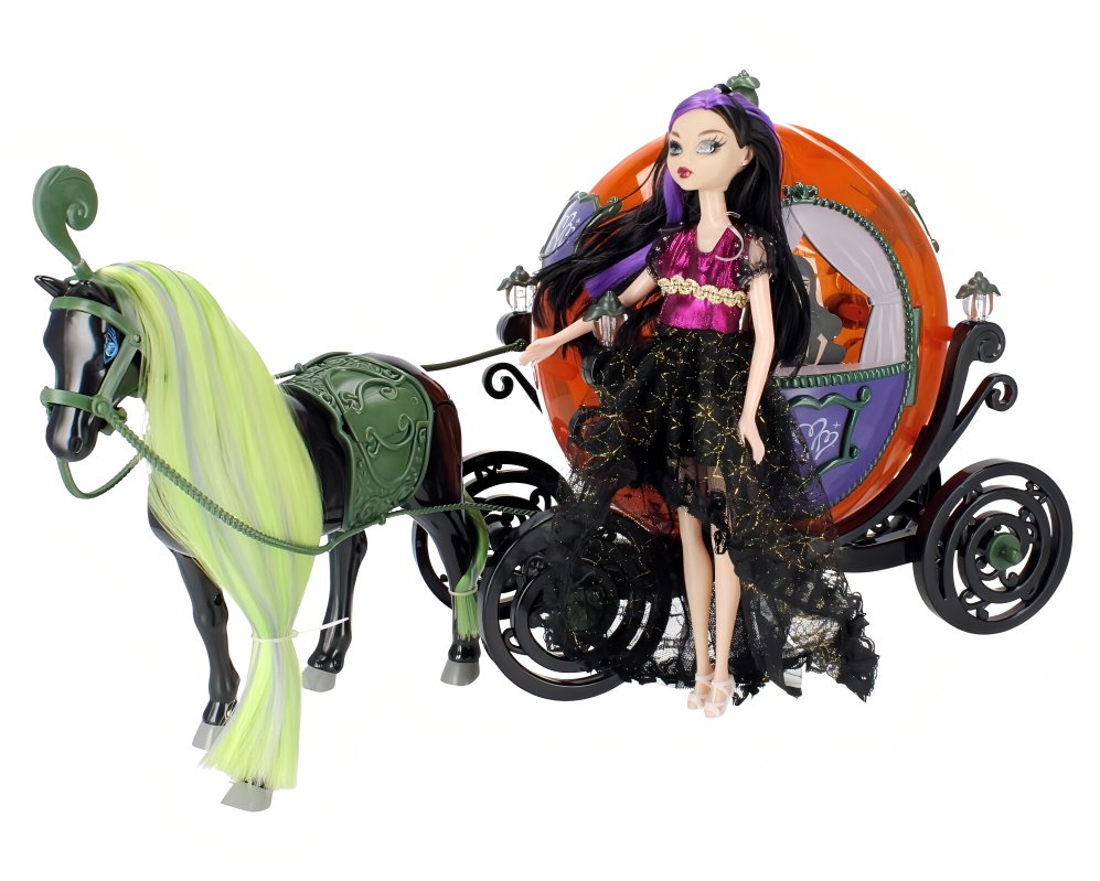 iMex Toys Interaktivní kočár s černým chodícím koněm a panenkou Monster