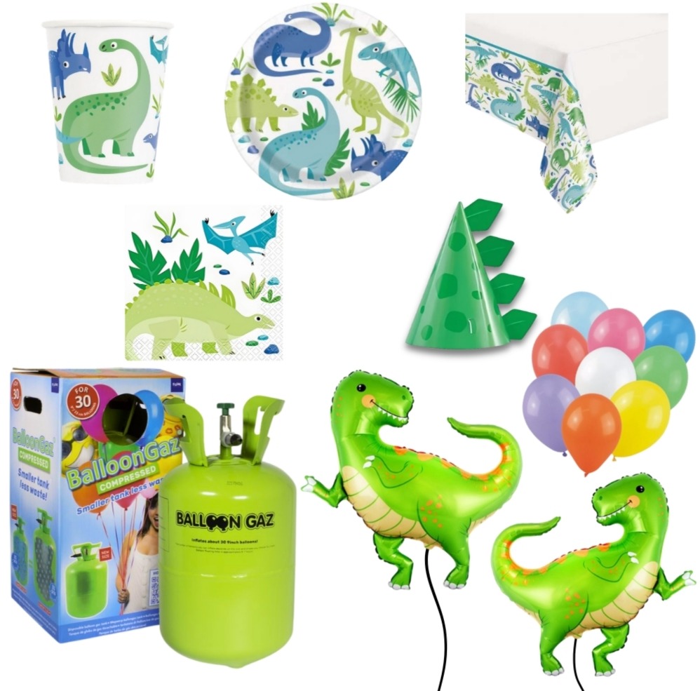 KINGOFBAL Dětská narozeninová sada dinosaurus s balónky a heliem, 16 osob, 90 ks