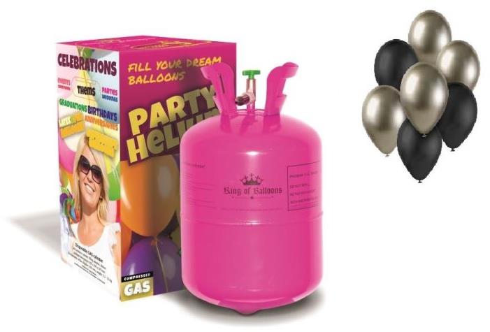 Kingofbal Helium a sada latexových balónků – chromovaná barva prosecco a černá 7 ks 30 cm