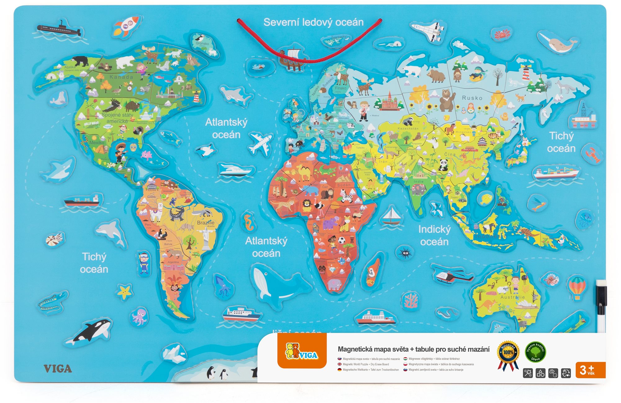 Dřevěná mapa světa s tabulí