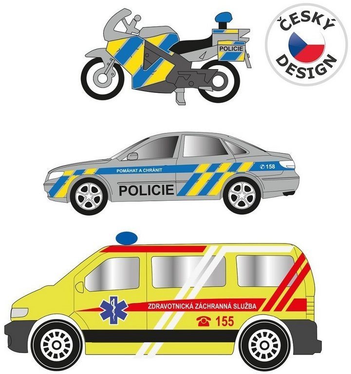 Sada motorka, osobní auto a dodávka, se světlem a zvukem