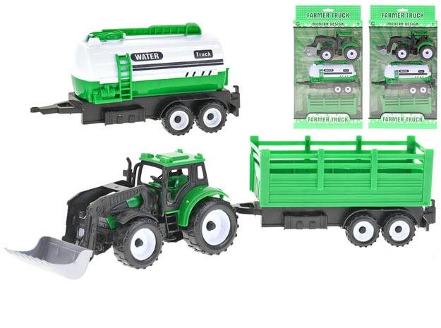 Traktor nakladač 17cm 3druhy na setrvačník + 2vlečky v krabičce