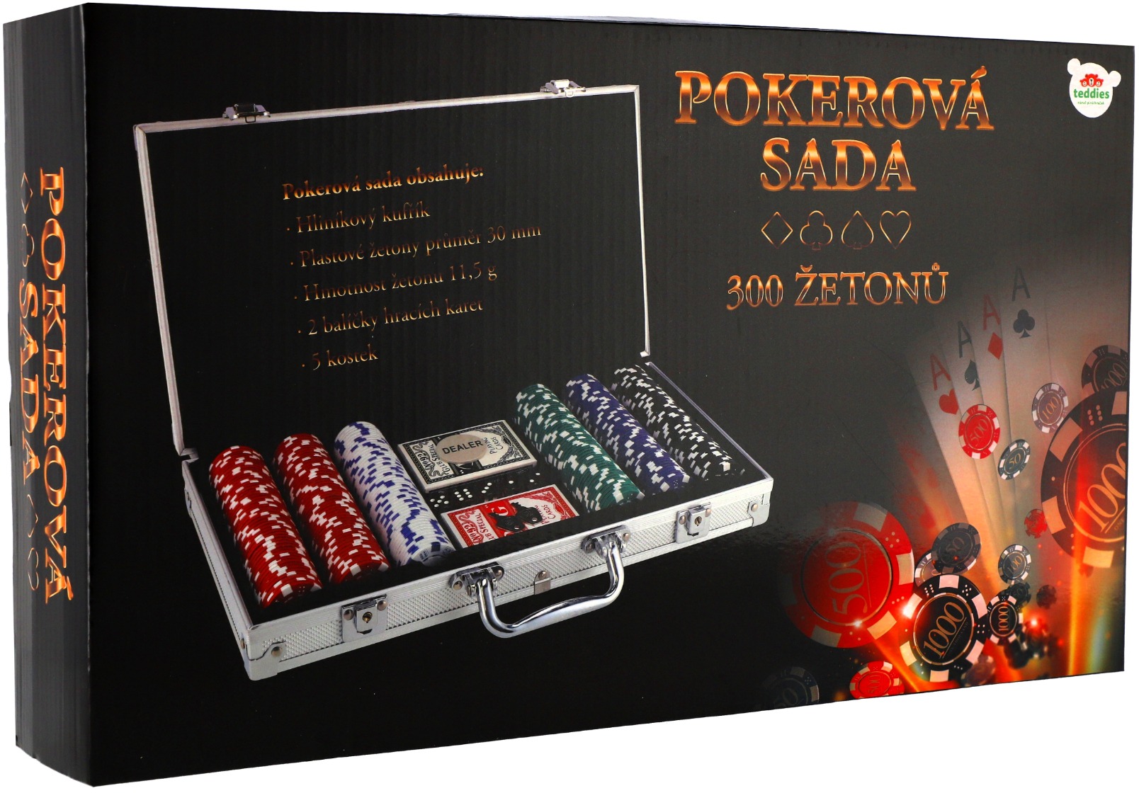 Teddies Poker sada 300ks + karty + kostky v hliníkovém kufříku