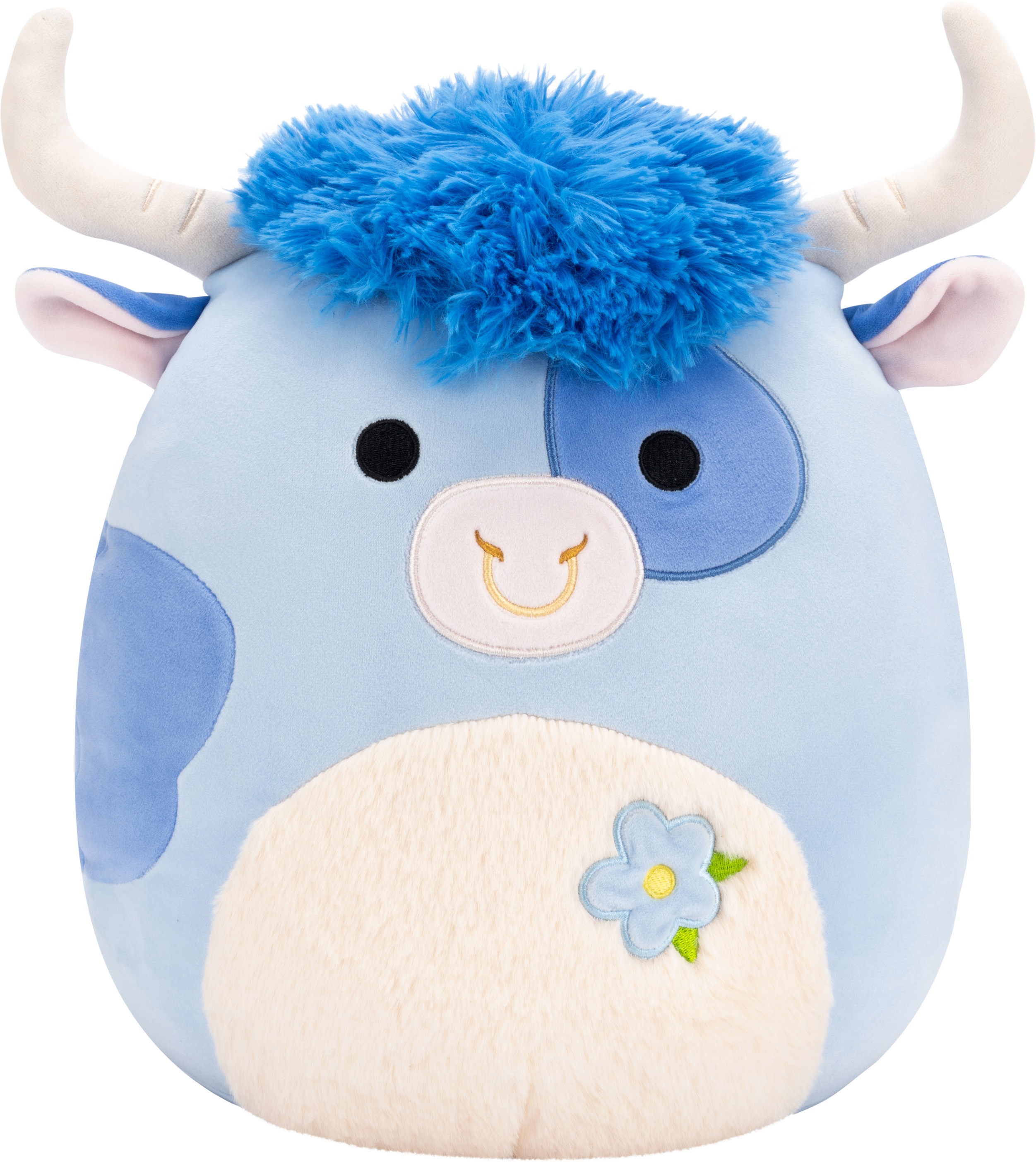 Squishmallows Bermayeh – modrý býk s hebkým bílým bříškem a květinou
