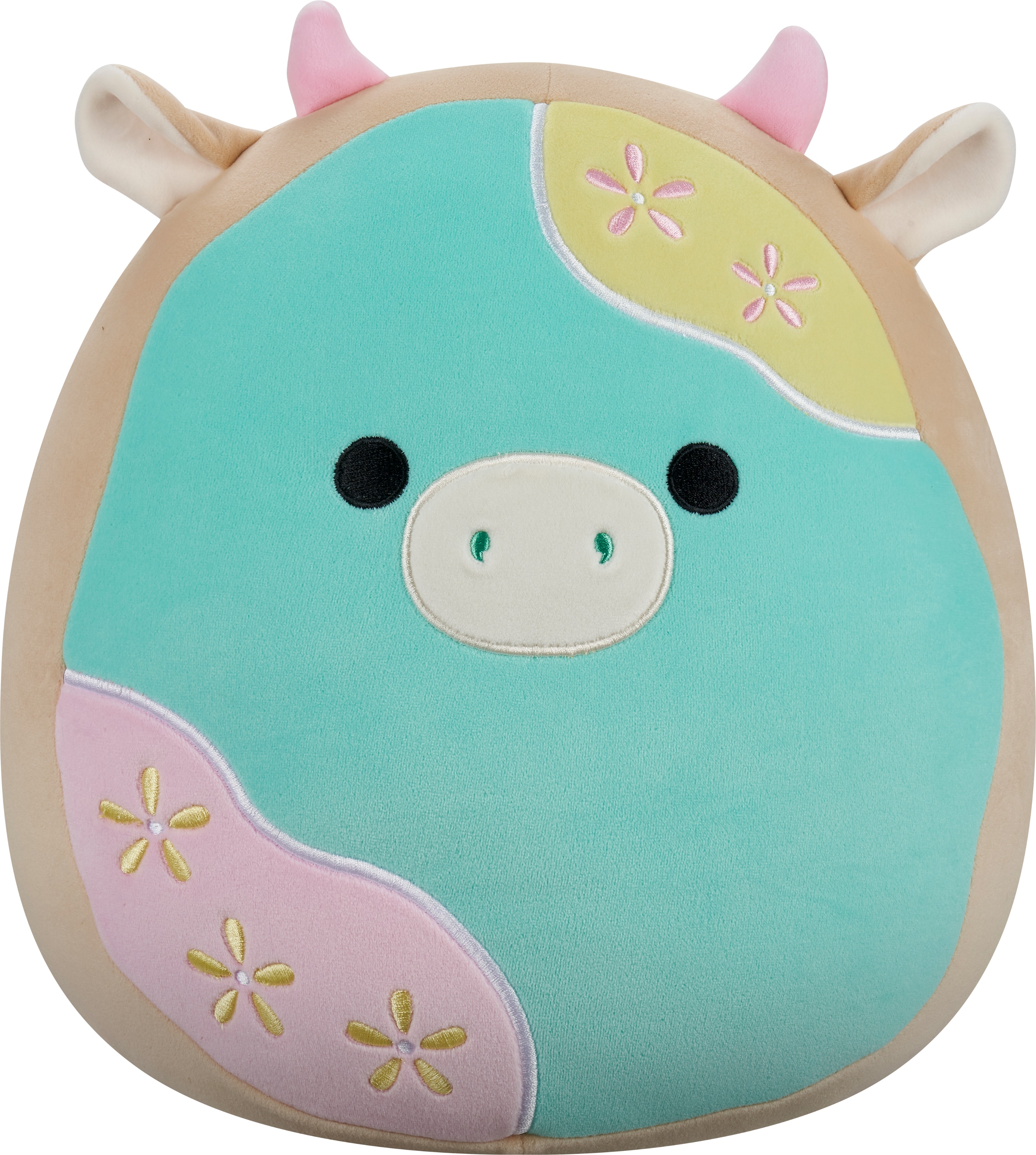 Squishmallows Cookie Cow s pastelově modrou polevou a květinami