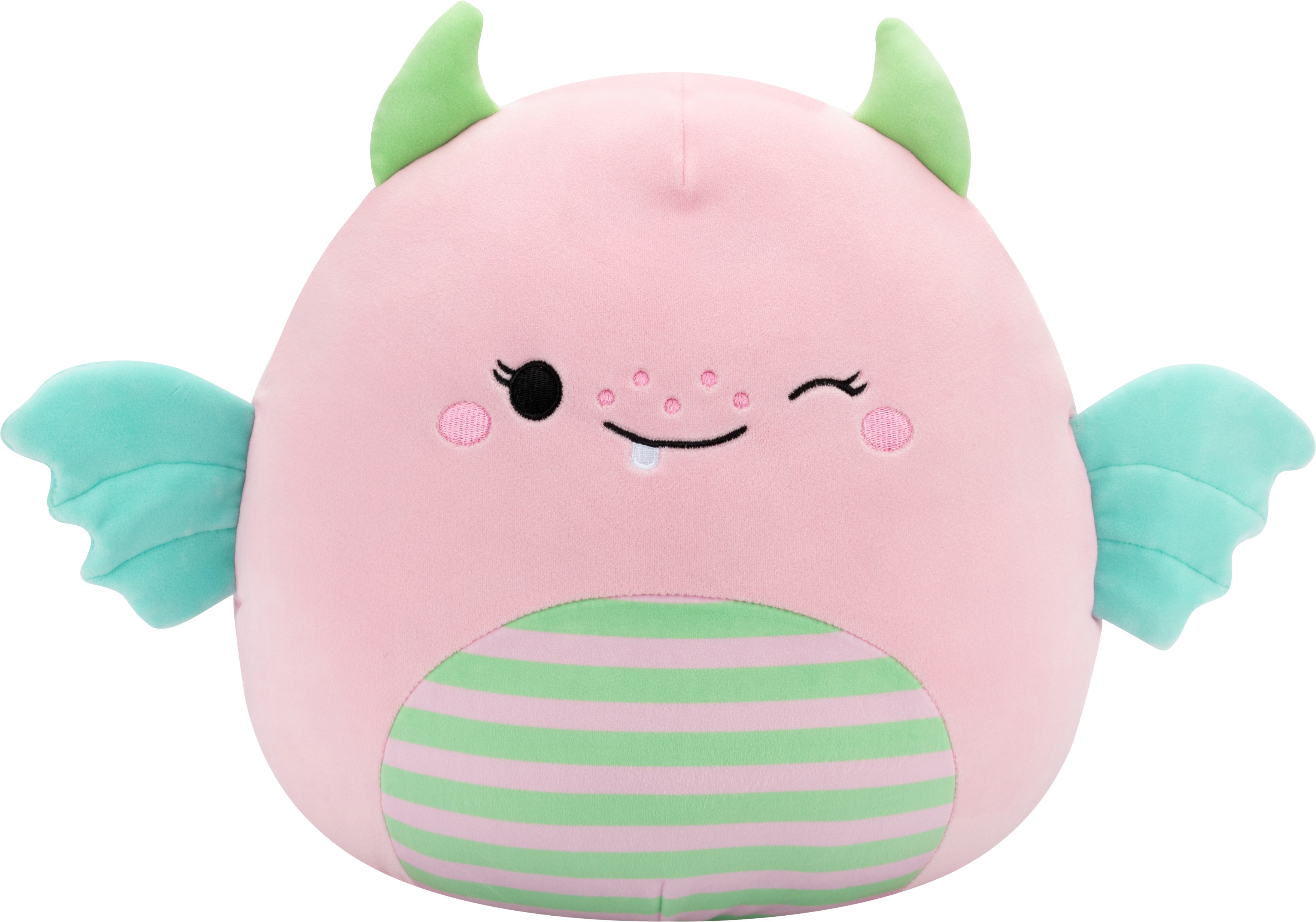 Squishmallows mrkající světle růžové monstrum s mátovými křídly a pruhovaným bříškem