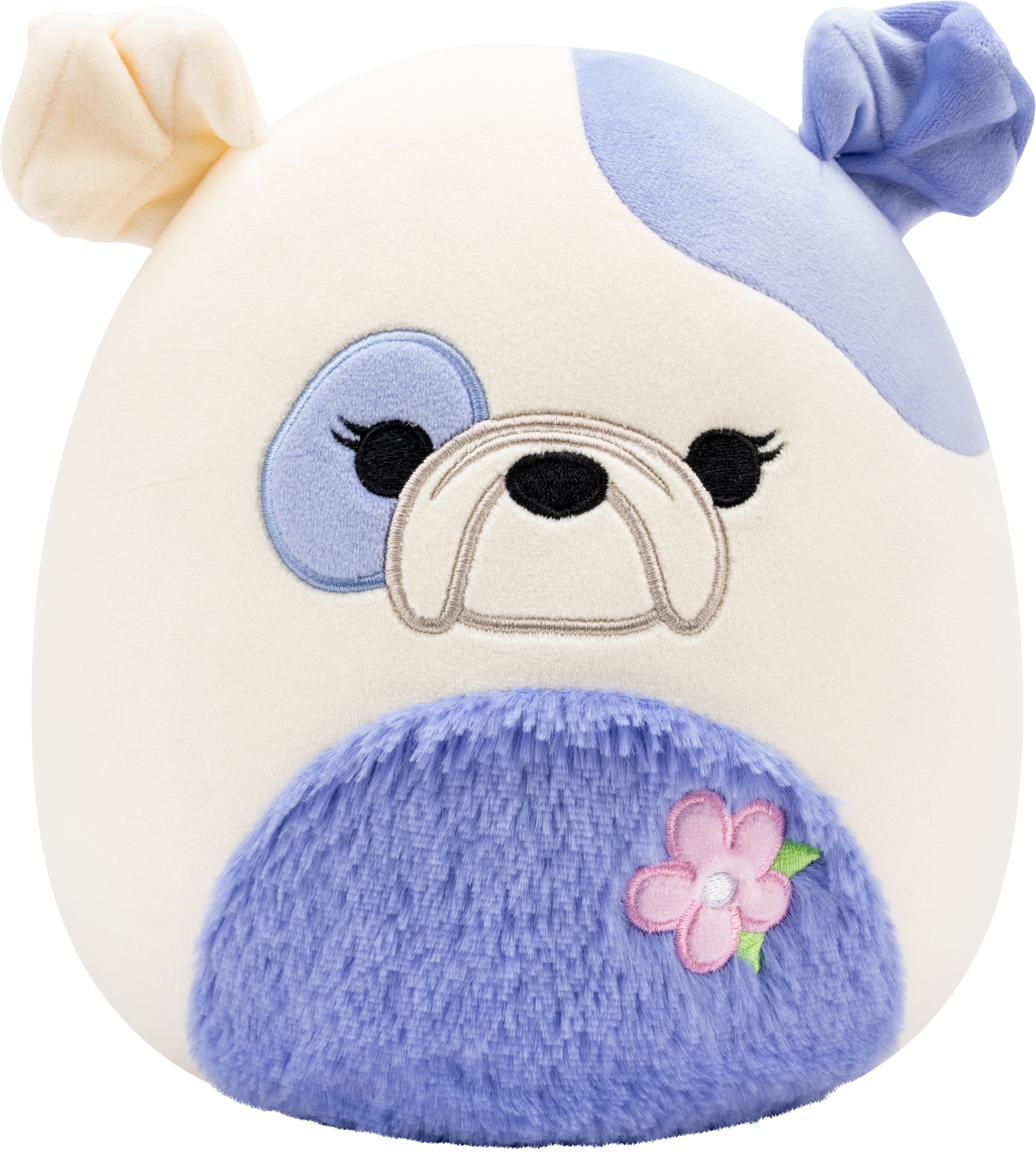 Squishmallows – modrofialový a krémový buldok s hebkým bříškem a květinou