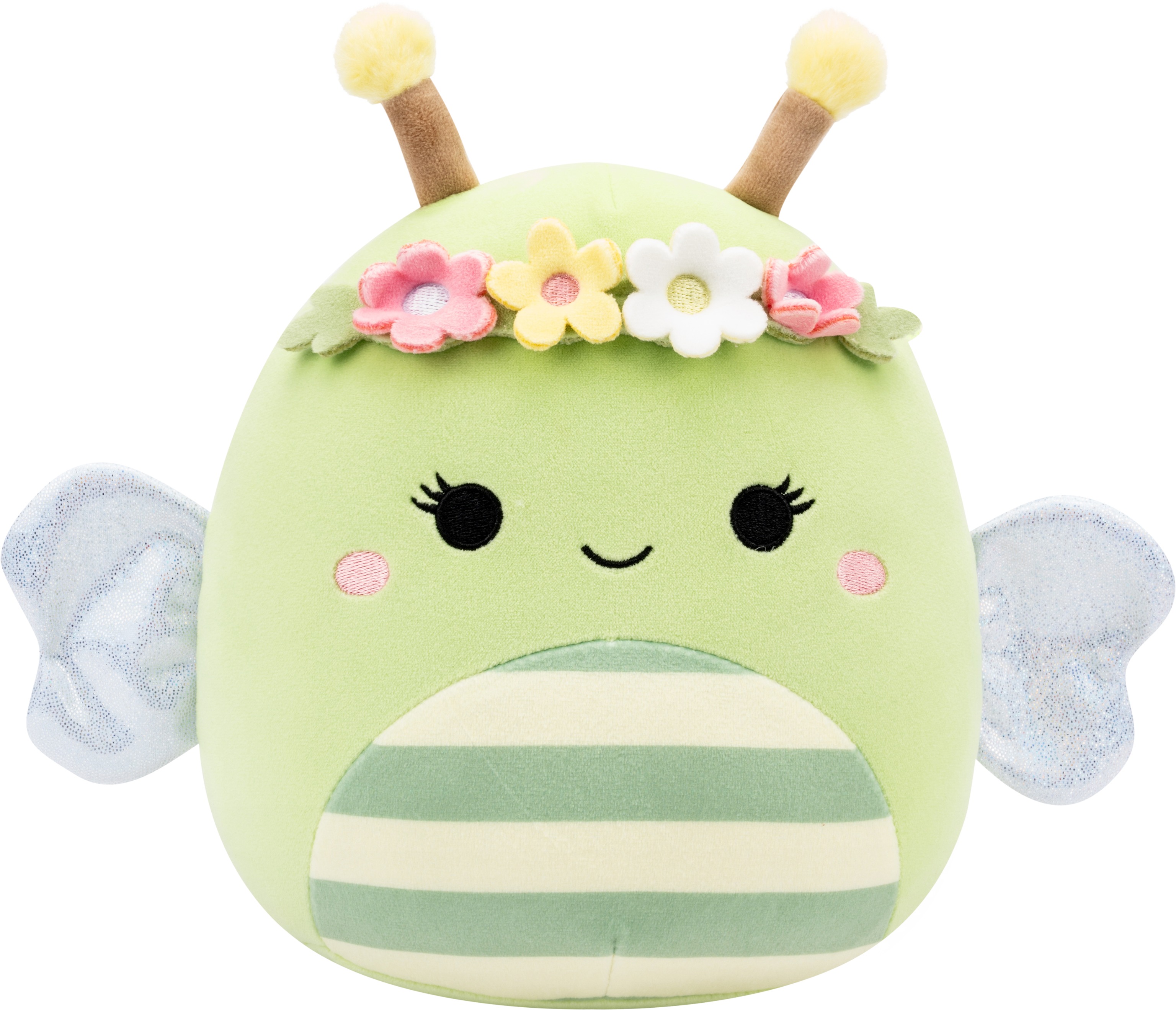 Squishmallows – zelená včela s hebkými tykadly a květinovou korunou