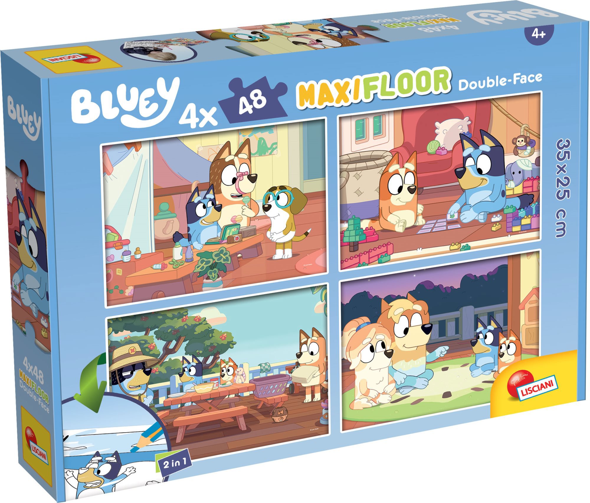 Lisciani Oboustranné puzzle MAXI 4 × 48 dílků Bluey (s omalovánkami)