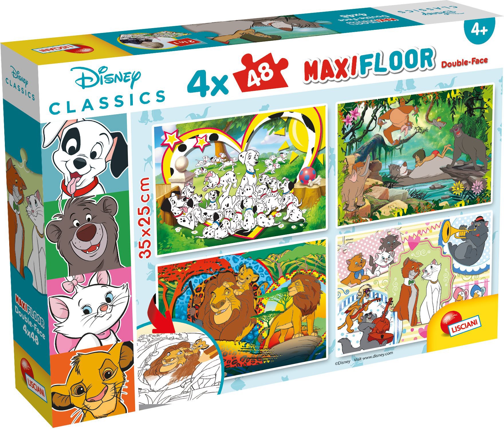 Lisciani Oboustranné puzzle MAXI 4 × 48 dílků Disney Classics pohádky (s omalovánkami)
