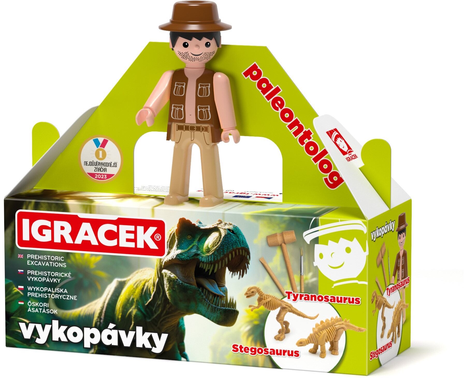 Efko Igráček Paleontolog s vykopávkami dinosaurů Tyranosaura a Stegosaura
