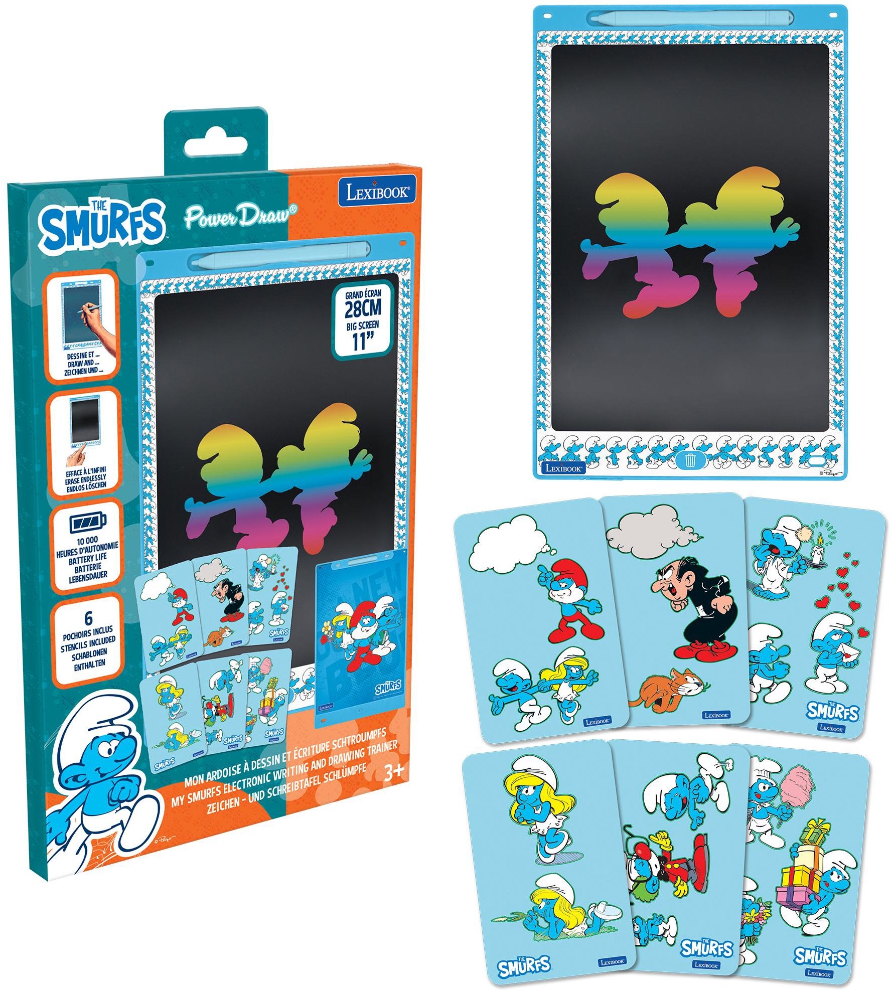 Lexibook Smurfs 11’’ se šablonami - elektronický tablet s 11palcovým displejem a šablonami pro děti od 3 let