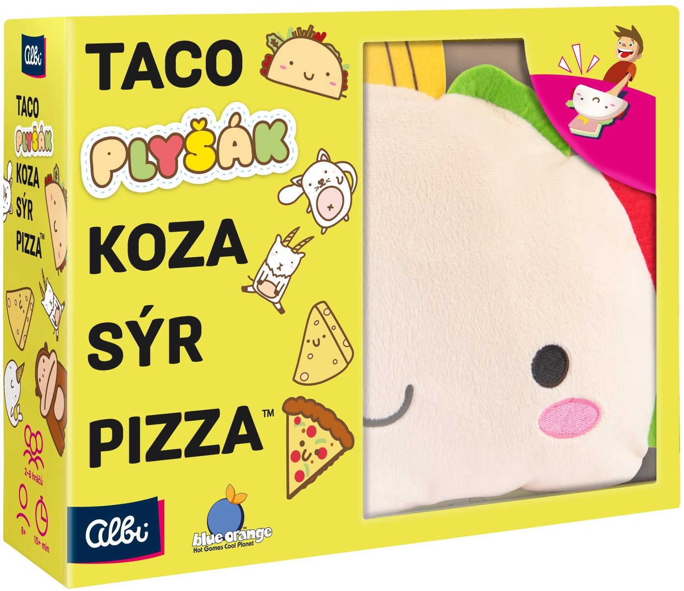 Taco, plyšák, koza, sýr, pizza