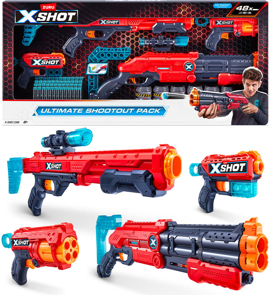 X-Shot Velká sada - Vigilante, Hawk Eye, Fury 4, Kickback + 6 plechovek a náboje