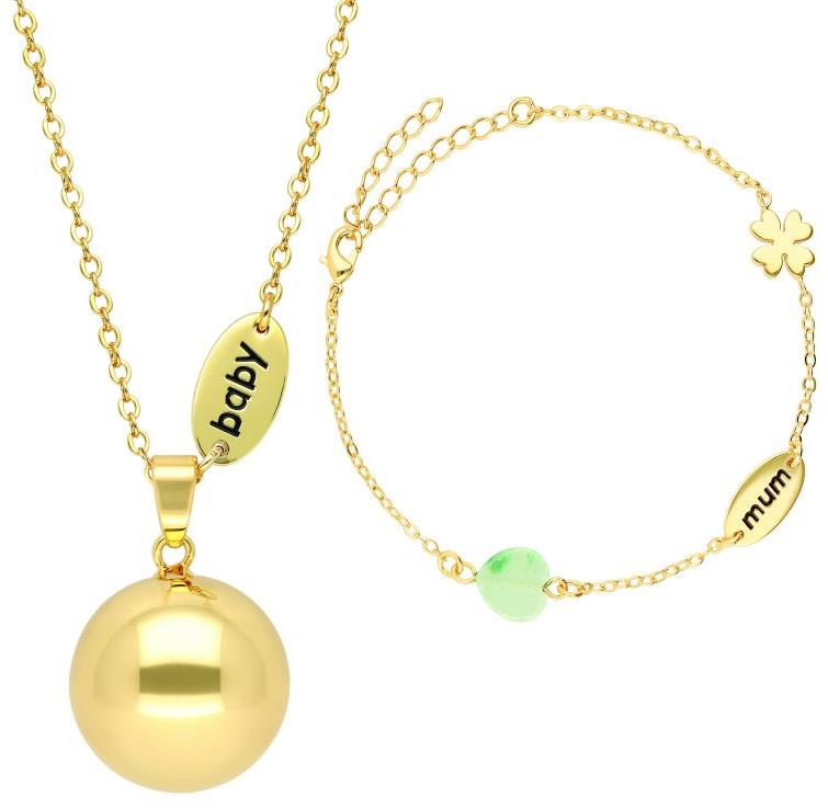 Bola Rolnička s náramkem Nature stone beads and mum/baby charm in gold