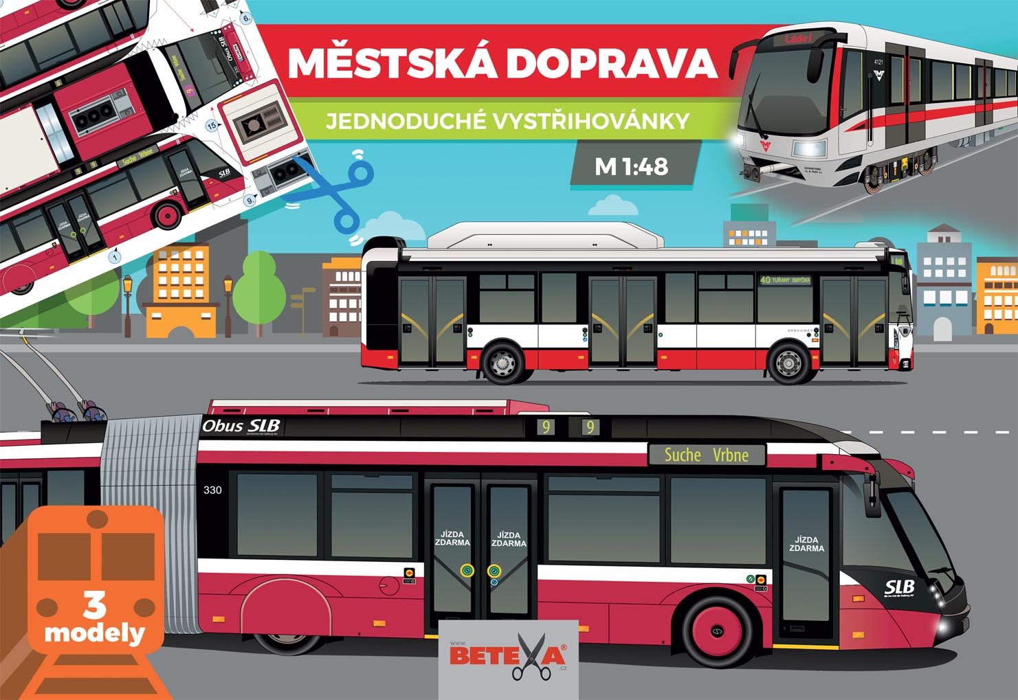 Model městské dopravy s autobusy, tramvajemi a metrem.
