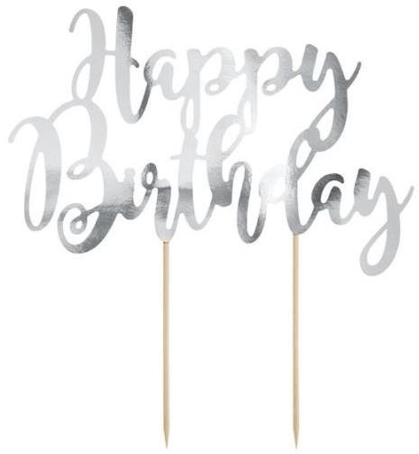 Dekorace na dort happy birthday - narozeniny - stříbrná - 22,5 cm