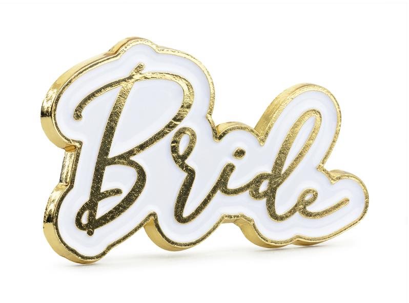 Párty kovový odznak Bride, bílo-zlatý, 3,5 x 2cm