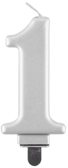 Narozeninová svíčka na dort - 1 - metalická stříbrná - 8 cm