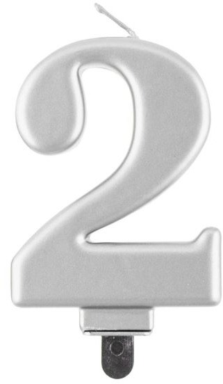 Narozeninová svíčka na dort - 2 - metalická stříbrná - 8 cm