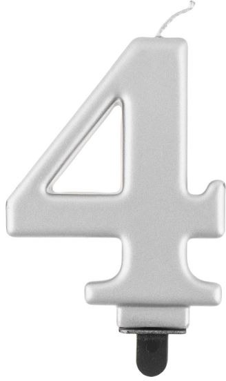 Narozeninová svíčka na dort - 4 - metalická stříbrná - 8 cm