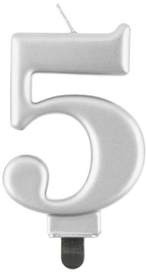 Narozeninová svíčka na dort - 5 - metalická stříbrná - 8 cm