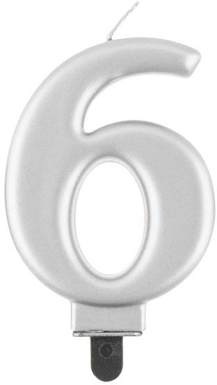 Narozeninová svíčka na dort - 6 - metalická stříbrná - 8 cm