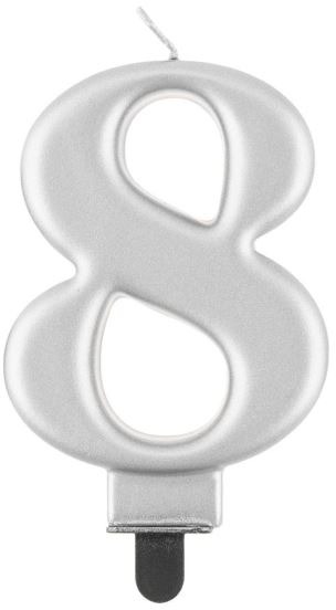 Narozeninová svíčka na dort - 8 - metalická stříbrná - 8 cm
