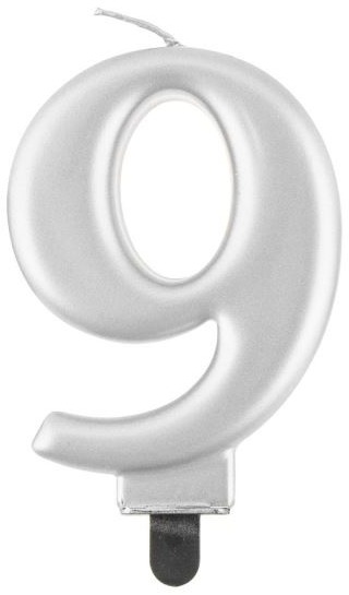 Narozeninová svíčka na dort - 9 - metalická stříbrná - 8 cm