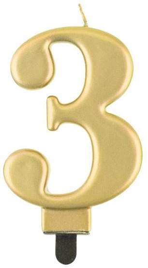 Narozeninová svíčka na dort - 3 - metalická zlatá - 8 cm