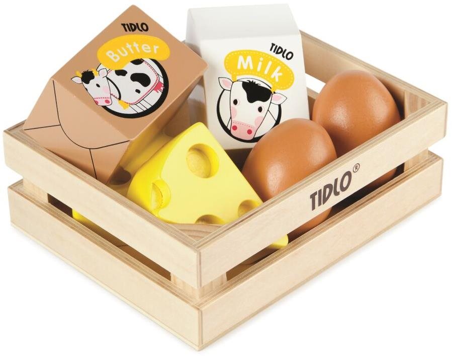 Tidlo Dřevěná bedýnka s mléčnými výrobky a vejci