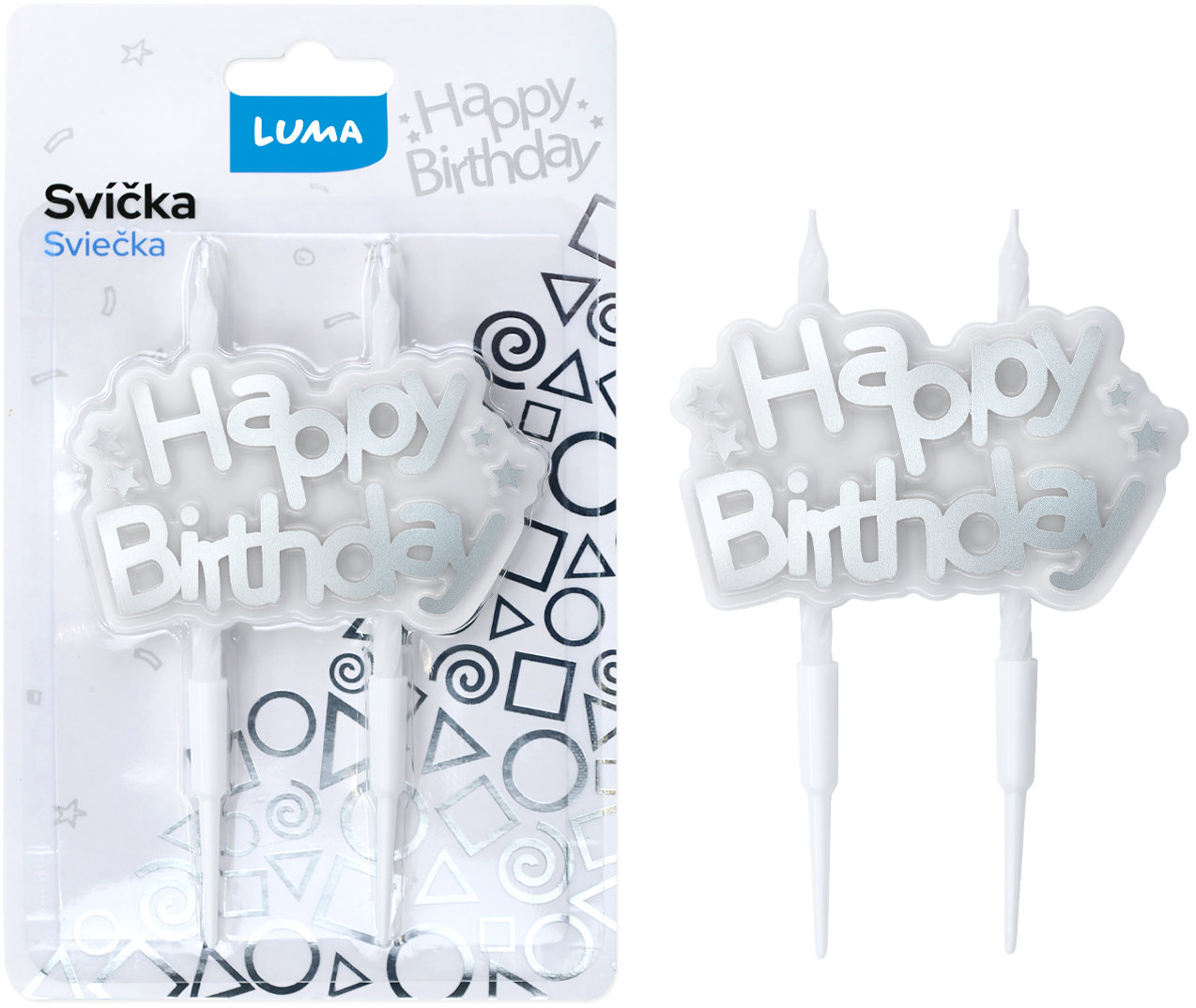 LUMA Trading svíčka Happy Birthday, stříbrná