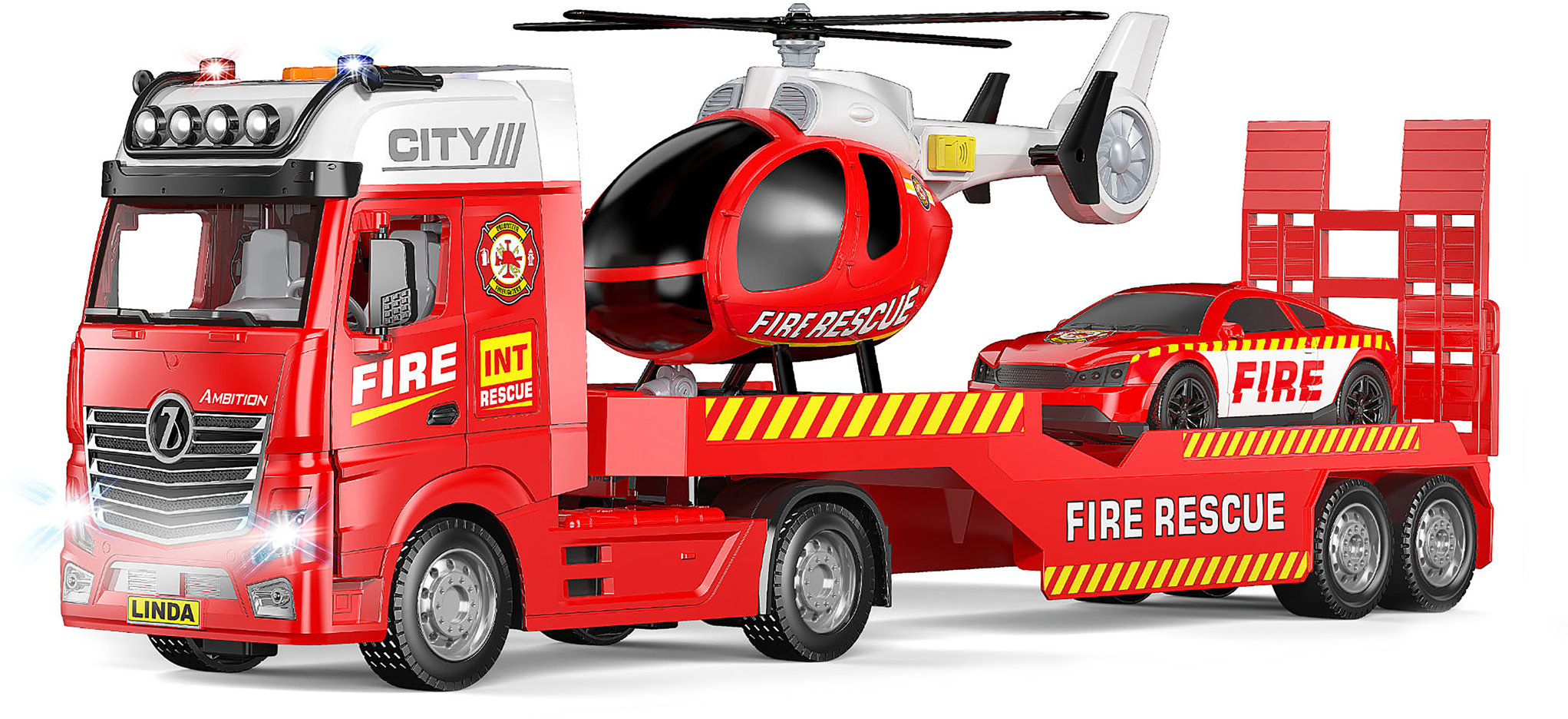 WIKY Hasičský tahač a helikoptéra s efekty set 55 cm