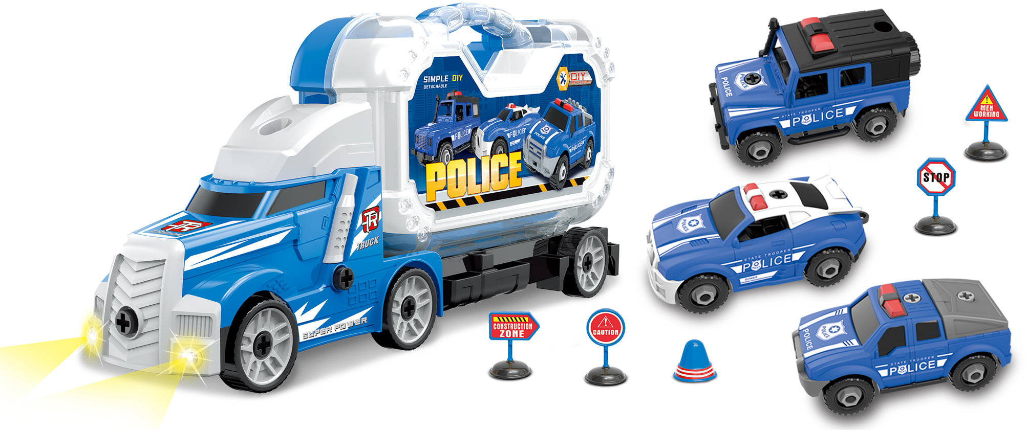 WIKY Kamion policejní, 3 auta, šroubovací s efekty, 42 cm