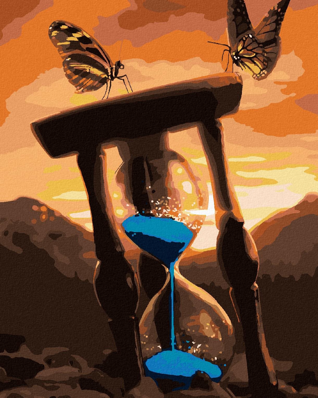 Přesýpací hodiny a dva motýlci, 40×50 cm, bez rámu a bez vypnutí plátna