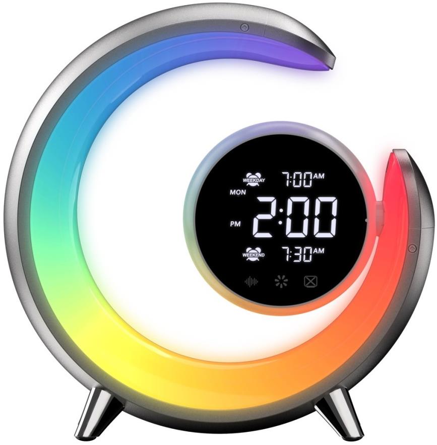 IMMAX PEACOCK LED noční lampička s hodinami, budíkem, RGB světlem a USB portem, stříbrná