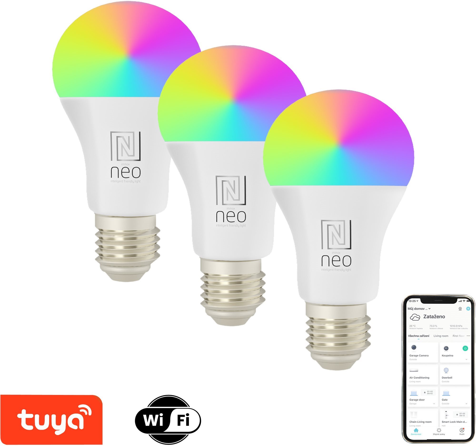 IMMAX NEO LITE E27 9W RGB+CCT, barevná a bílá, WiFi - balení 3 ks