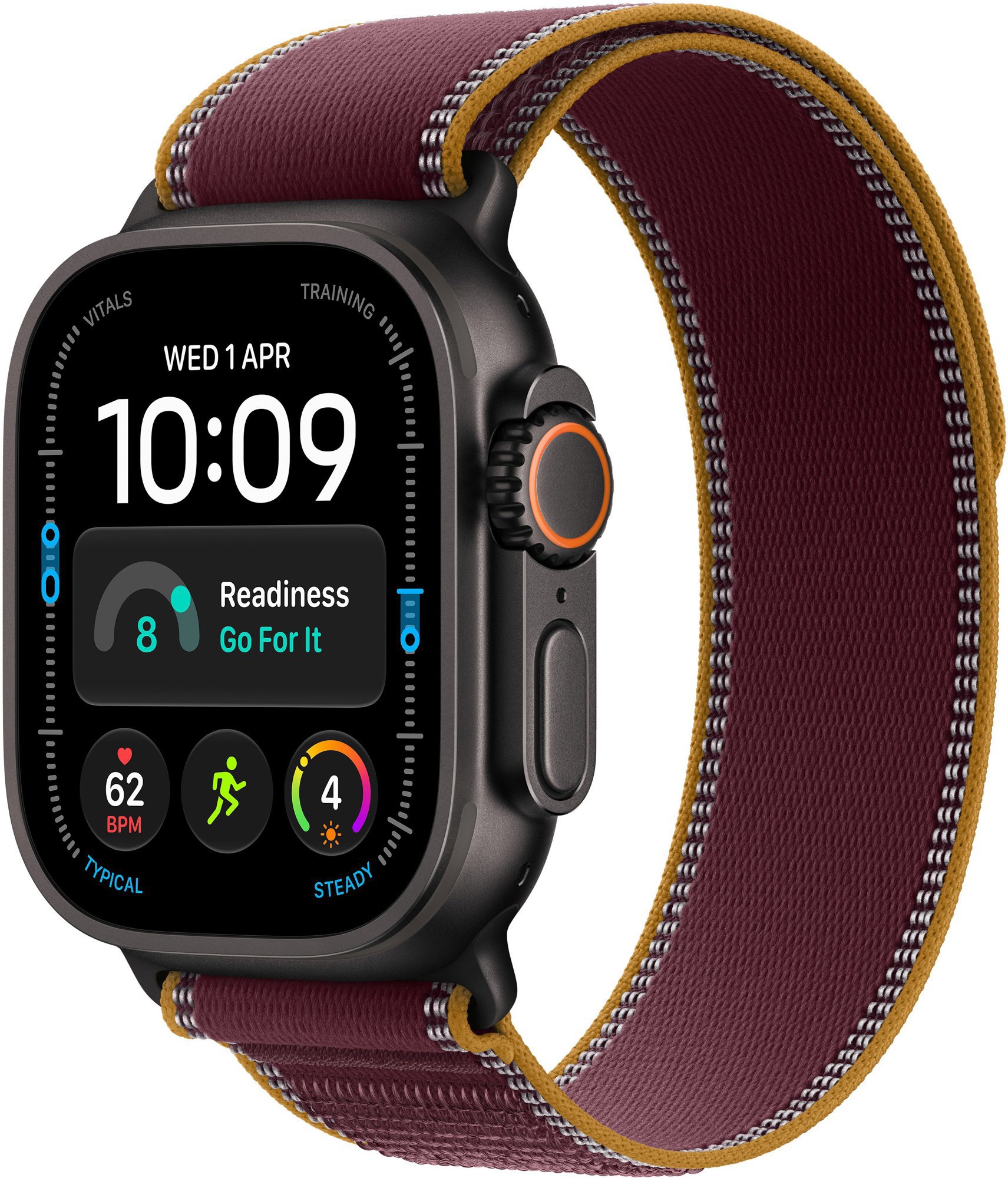 Apple Watch Ultra 4 49mm černý titan s burgundsky červeným trailovým tahem - M/L
