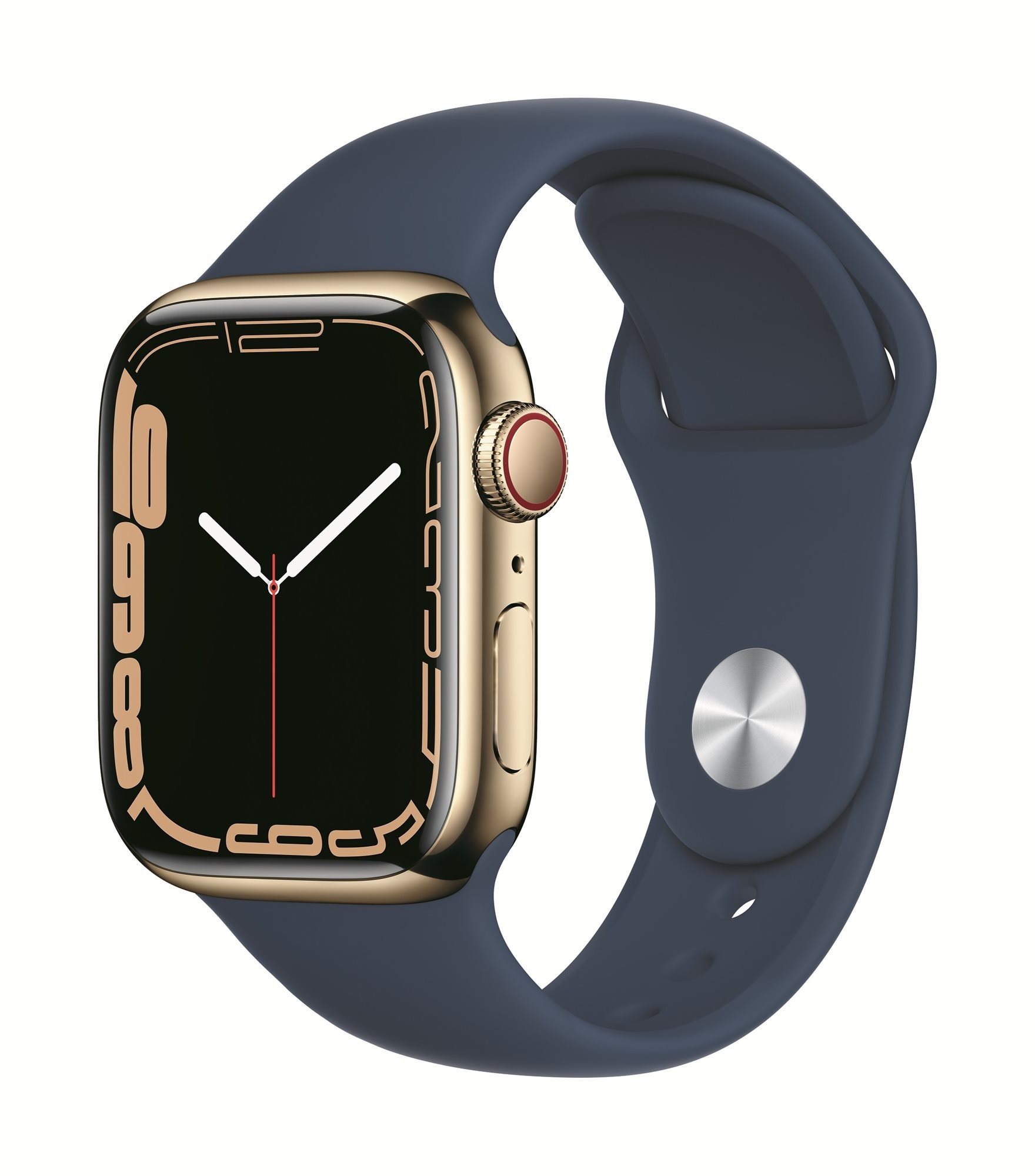 Apple Watch Series 7 41mm Cellular Zlatý nerez s hlubokomořsky modrým sportovním řemínkem