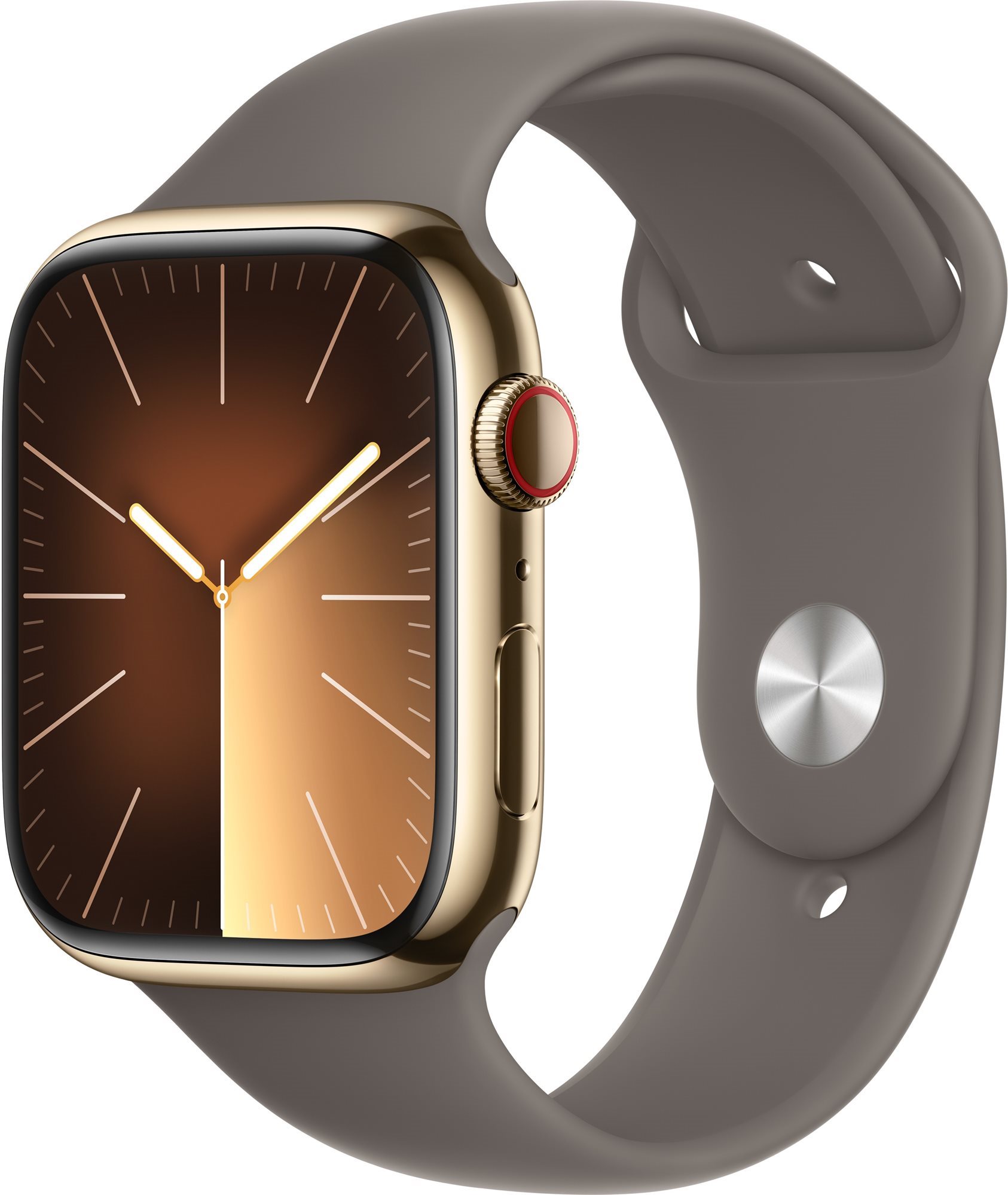 Apple Watch Series 9 45mm Cellular Zlatý nerez s jílově šedým sportovním řemínkem - S/M