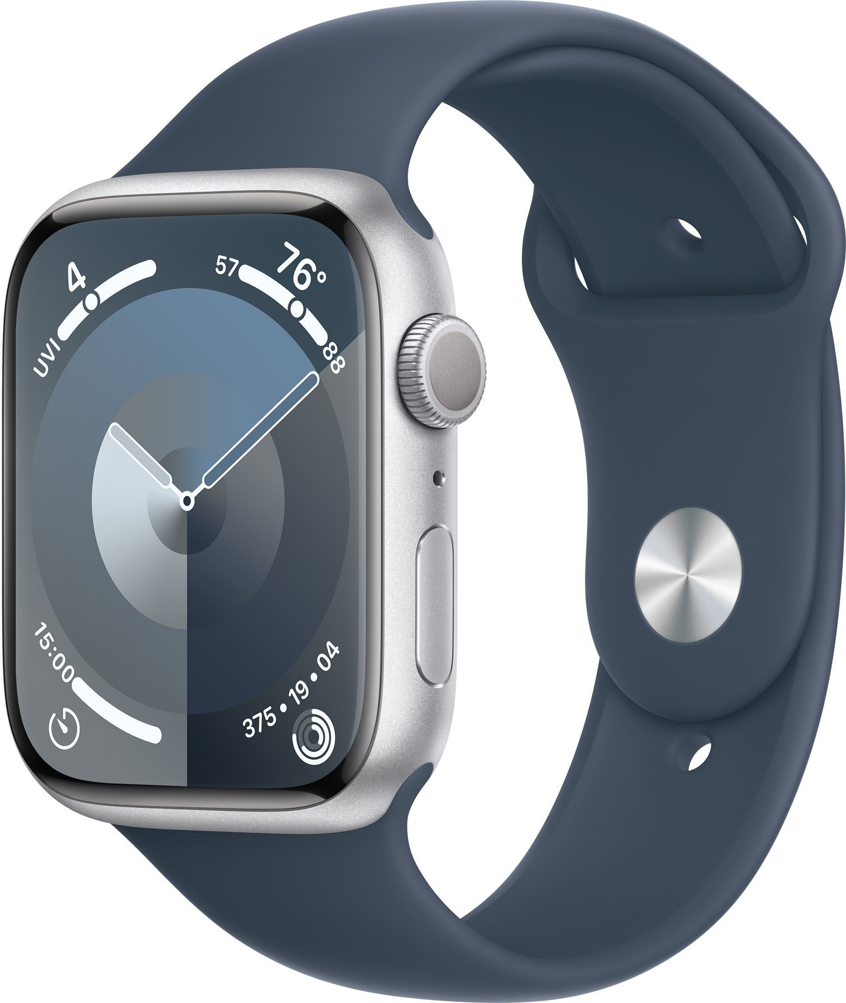 Apple Watch Series 9 45mm Stříbrný hliník s bouřkově modrým sportovním řemínkem - S/M