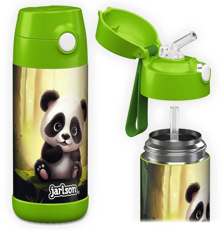 Jarlson Dětská nerezová termoláhev s brčkem CHARLI Panda 350 ml