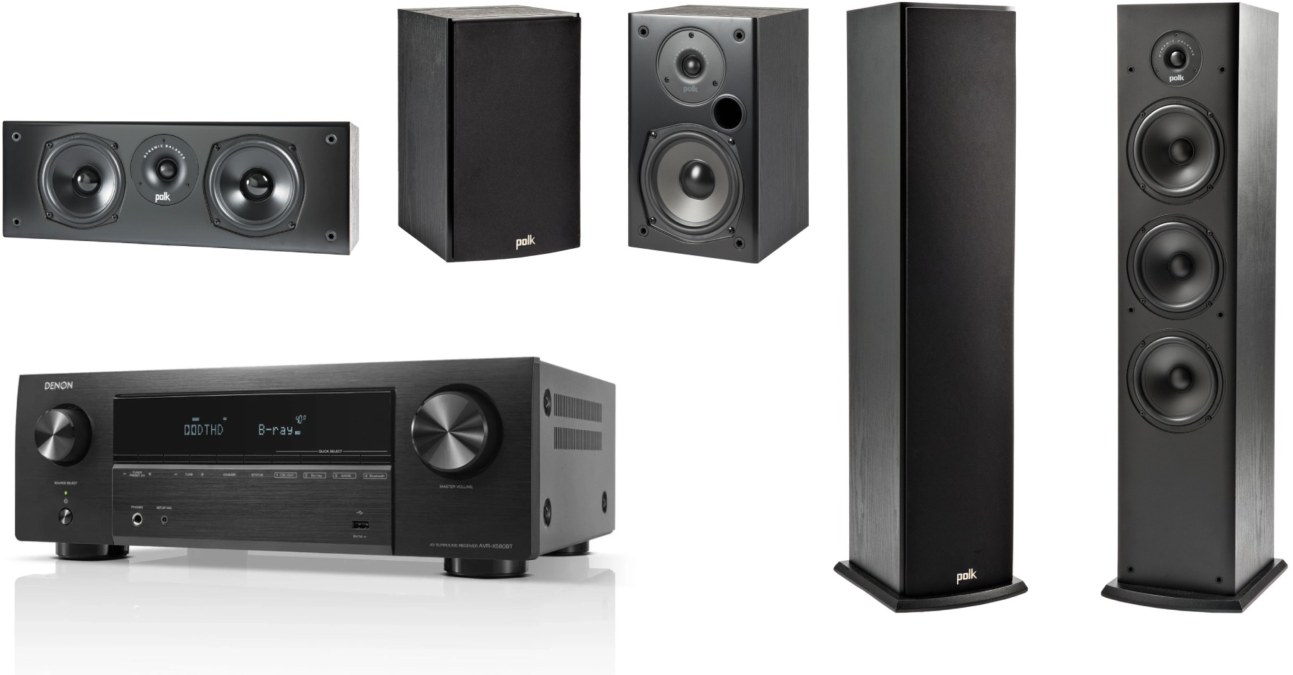 Denon AVR-X580BT Black + 2x Polk Audio T50 + Polk T30C + Polk T15