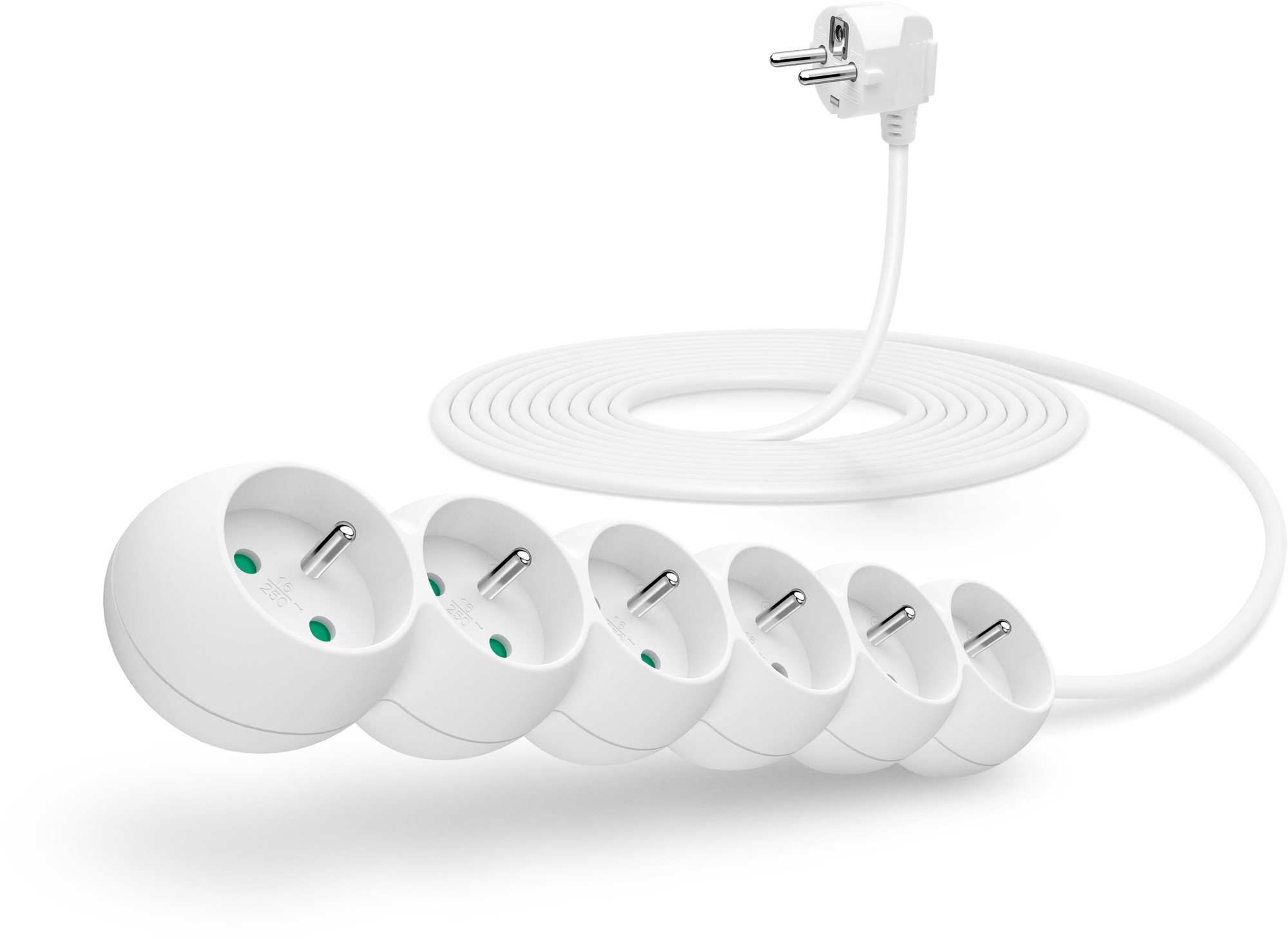 Prodlužovací kabel CONNECT IT s 6 zásuvkami a délkou 5 metrů, bílý design.